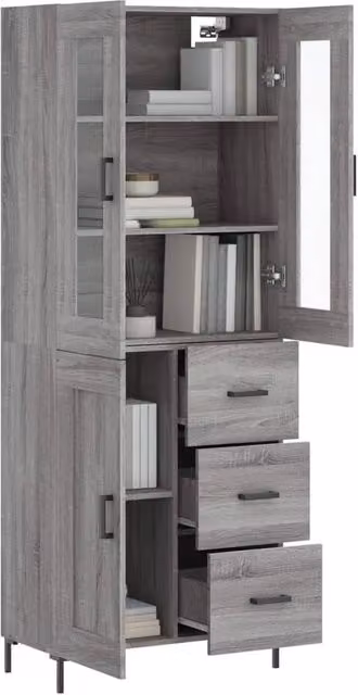 Berkfield Home Grey Sonoma Highboard with Glass Doors and Drawers, W/D/H: 69.5 x 34 x 180 cm – 1
