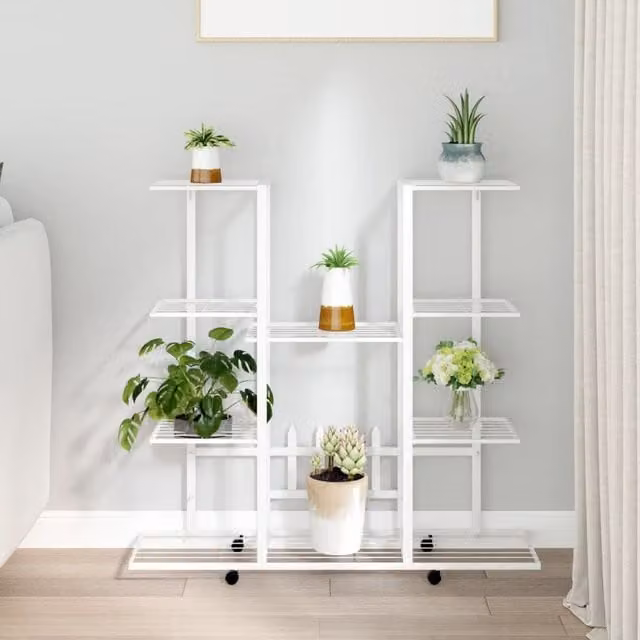 Berkfield Home White Iron Flower Stand with Wheels, W/D/H: 24.5 x 24.5 x 91.5 cm