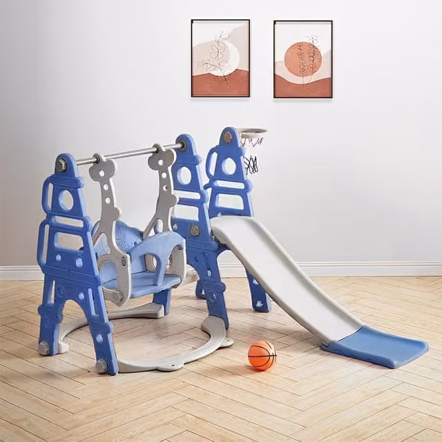 Kidkid Slide and Swing Play Set with Basketball Hoop, Blue