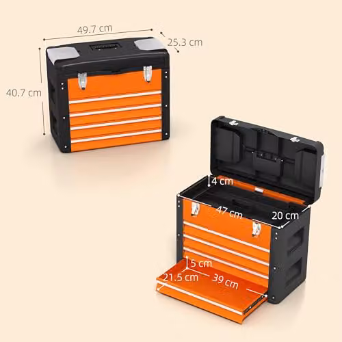 HOMCOM Large 4 Drawer Steel Toolbox with Inserts, Orange – 5