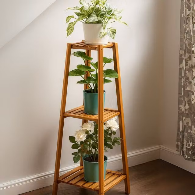 Rafaelo Mobilia 3 Tier Brown Bamboo Wooden Plant Stand for Indoor and Outdoor Use