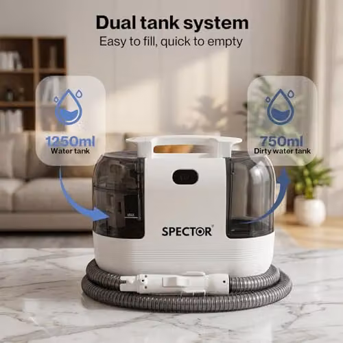 Spector Portable Carpet and Upholstery Cleaner Machine in White and Grey, 500W with 17Kpa Suction for Sofa, Carpet, Car Seats and Pet Hair Removal – 7