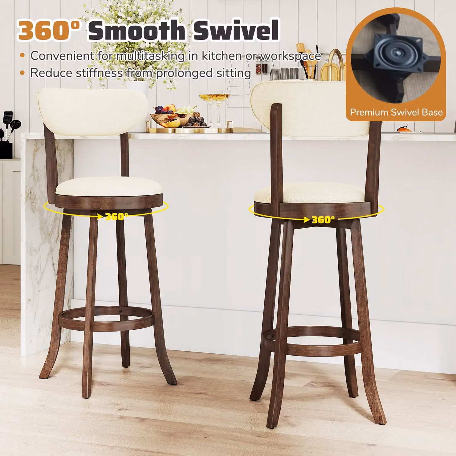 Costway Set of 2 Beige Swivel Counter Height Stools with Fabric Upholstery and Rubberwood Legs – 7
