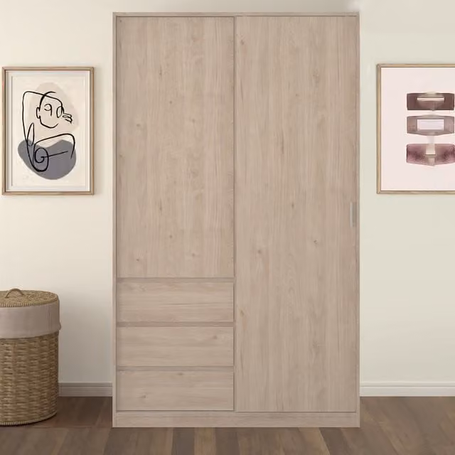Furniture To Go Naia Modern 2-Door Oak Wardrobe with Integrated Drawers and Hanging Rod in Brown and Beige