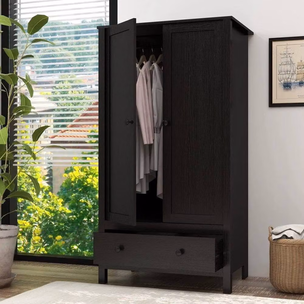 FORGEVIO Black 2 Door Wardrobe with Integrated Drawer and Hanging Rod – 3