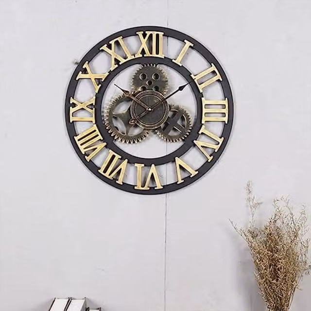 Livingandhome Rustic Black Metal Geometric Hollowed Round Analog Wall Clock with Silent Quartz Movement
