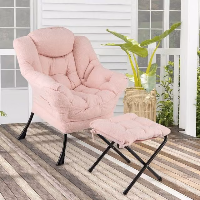 Costway Modern Pink Bouclé Fabric Accent Chair with Ottoman and Metal Frame