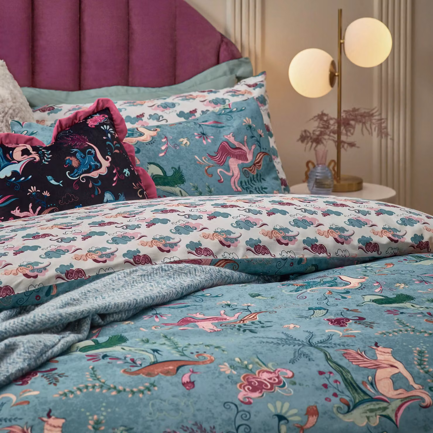 Furn Athena Mythological Reversible Floral Duvet Cover in Blue, 200 x 200 cm – 2