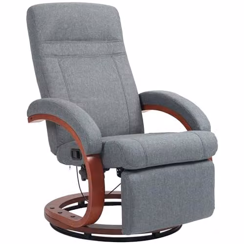 HOMCOM Grey Fabric Swivel Recliner Chair with Extended Footrest and Solid Wood Base – 1