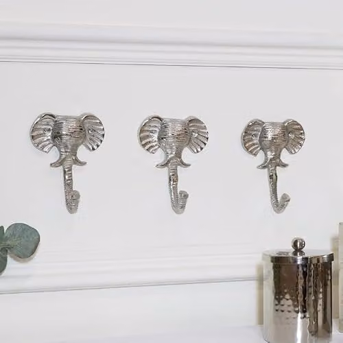 Melody Maison Set of 3 Silver Elephant Head Metal Wall Hooks