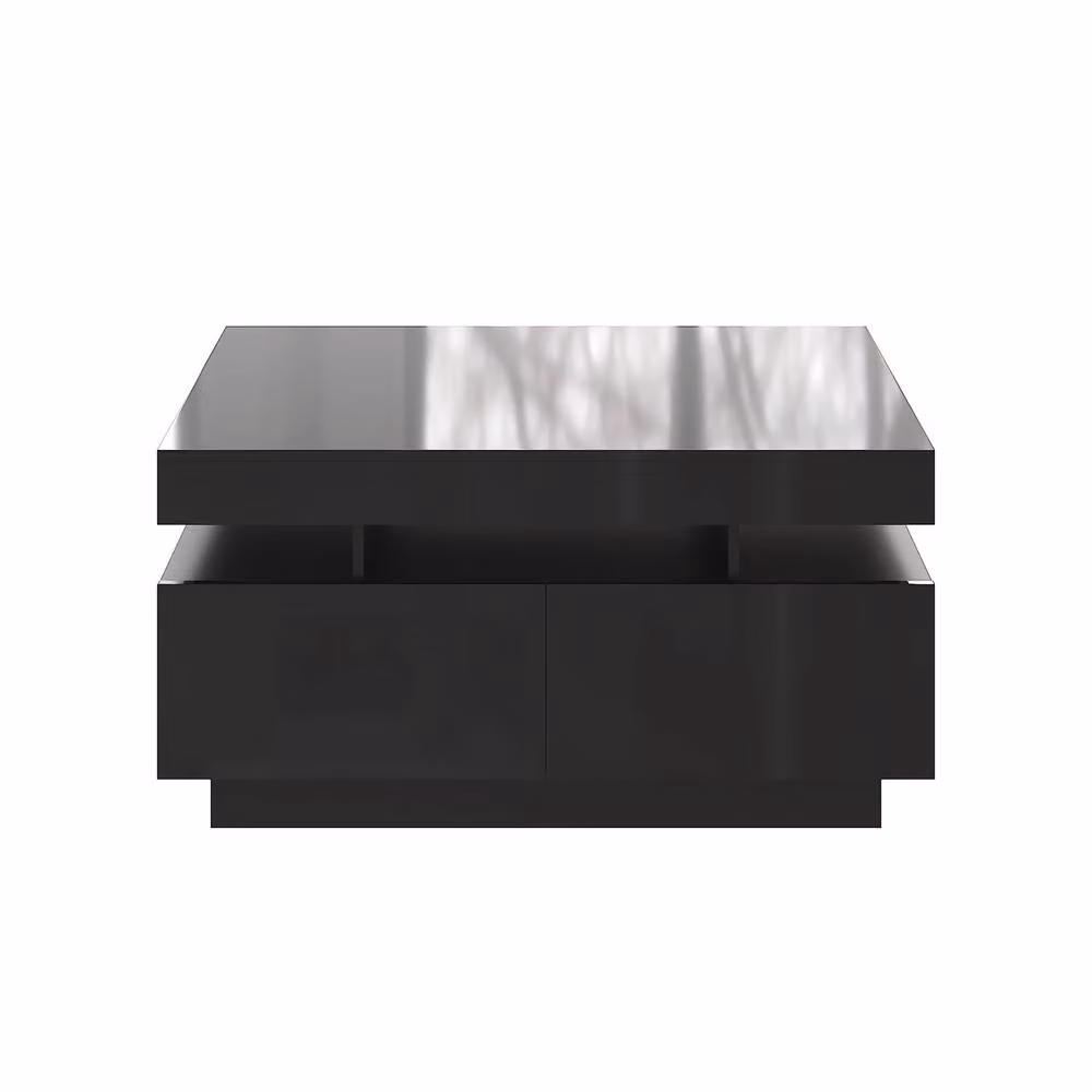 KEEPREAPER Modern Black Glossy Coffee Table with 4 Drawers, LED Lights and Glass Top, W: 85 cm, D: 55 cm, H: 44 cm – 2