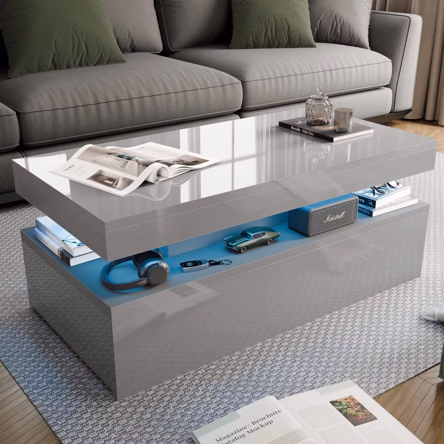 DHS Grey High Gloss Modern Rectangular Coffee Table with Drawers and LED Lights