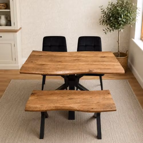 Kosy Koala 4 Seater Dining Set with X-Frame Rustic Brown Wooden Effect Table, 2 Black Velvet Chairs and Bench, W/D/H: 117 x 77 x 75 cm
