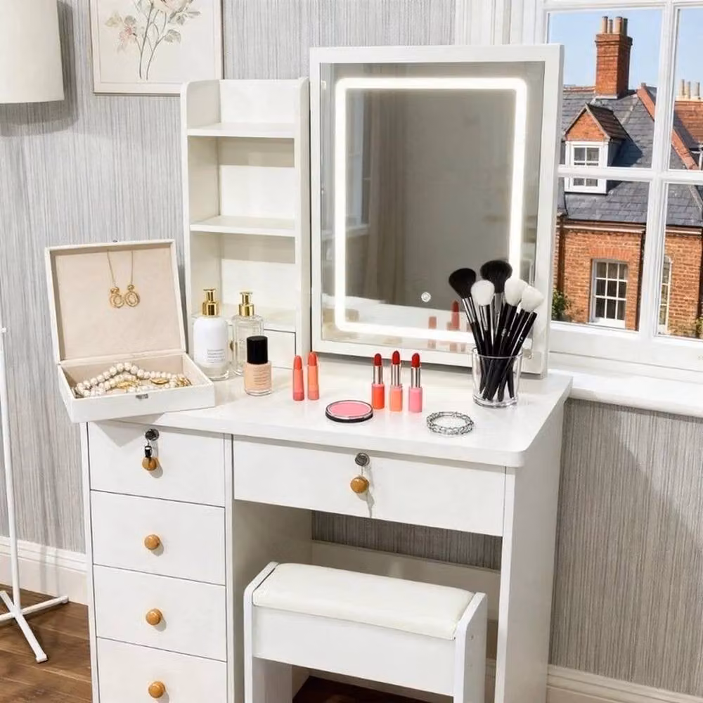 FORGEVIO Modern White Glossy Dressing Table with Mirror – 3