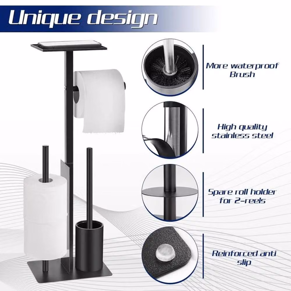 VOGREX Free Standing Stainless Steel Toilet Paper Holder with Spare Roll Holder in Black – 2