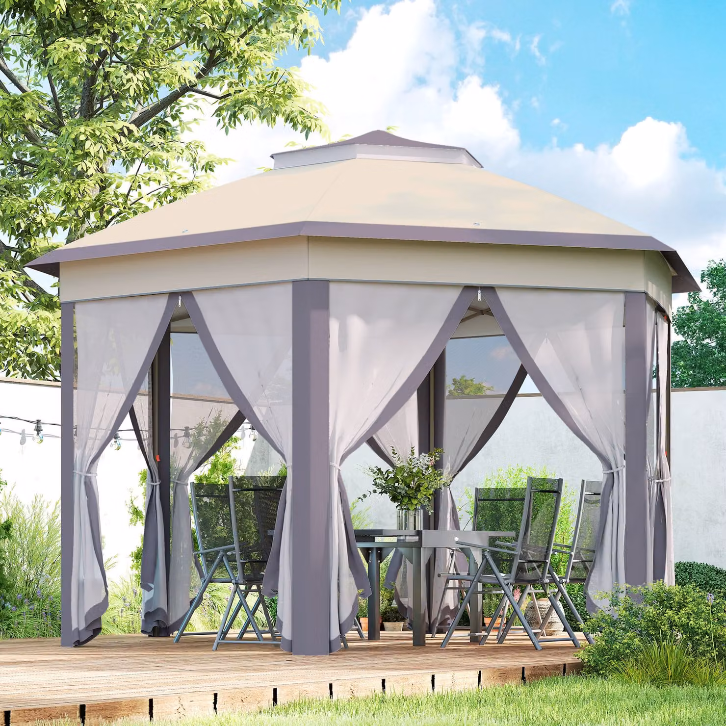 Outsunny Hexagonal Pop-Up Garden Gazebo with Double-Tier Roof and Mosquito Netting, Beige, W: 400 cm, D: 340 cm, H: 285 cm – 2