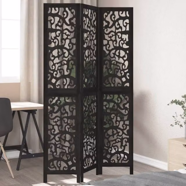 Berkfield Home 3-Panel Black Solid Paulownia Wood Room Divider