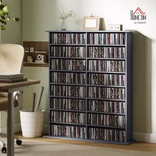 HOMCOM Grey Media Storage Unit with Adjustable Shelves for CDs and DVDs – 2