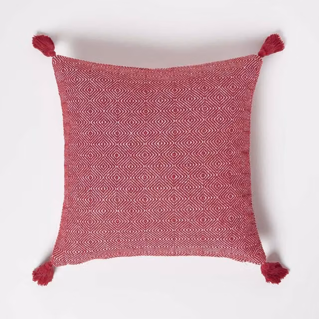 Homescapes Malda Handwoven Red Geometric Ethnic Cotton and Wool Cushion