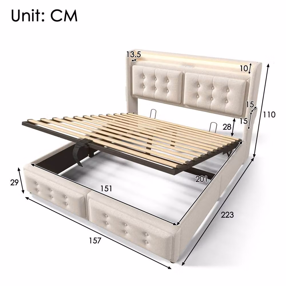 Merax King Upholstered Linen Storage Bed with LED Lighting and USB Charging Ports, Beige, W: 150 cm, D: 200 cm – 2