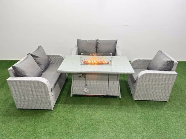 Fimous Light Grey Poly Rattan Garden Furniture Set with Reclining Chair, Loveseat Sofa, Firepit and Dining Table