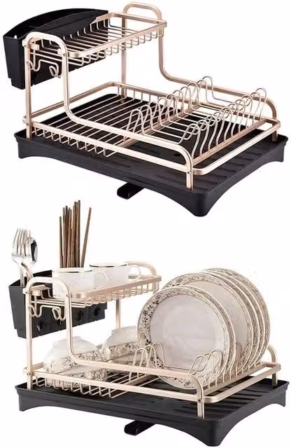 Kelvenix 2 Tier Gold and Black Aluminium and Stainless Steel Dish Drainer Rack with Cutlery Holder – 1