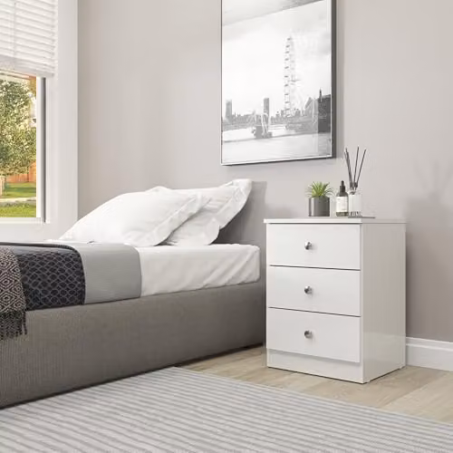 Seconique Denver 3 Drawer Bedside Cabinet in White Gloss, W/D/H: 40 x 36 x 55 cm