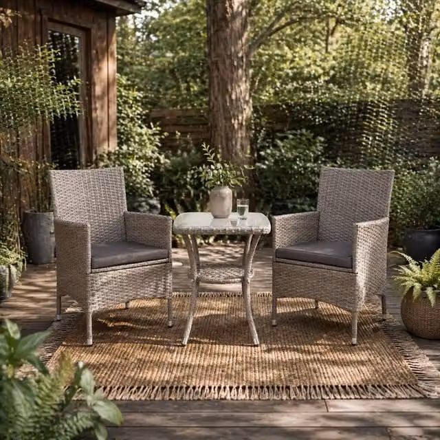 Wyld Haus Ranoyo Ziba Grey Rattan 3 Piece Garden Bistro Set with 2 Tier Coffee Table – 1