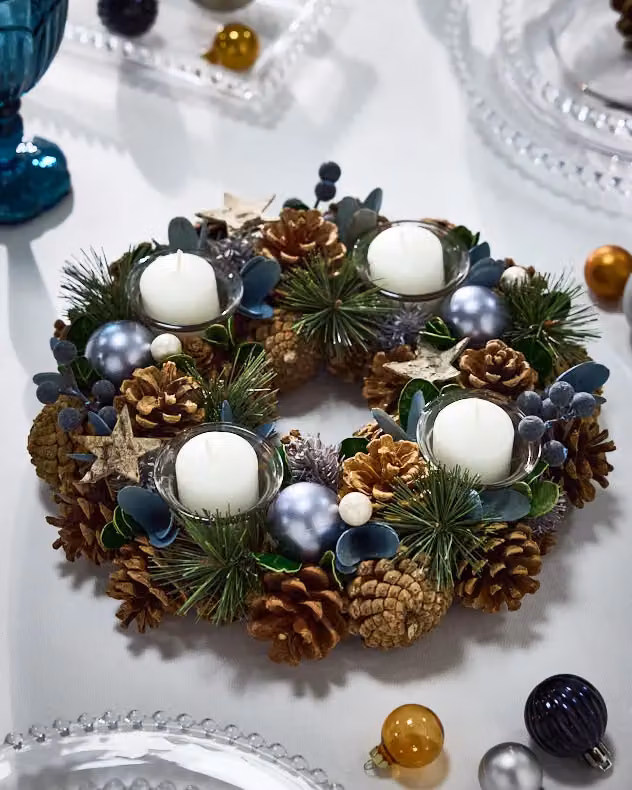 Dibor Set of 2 Moonlight Blue Round Glass Tealight Candle Holders for Christmas Tabletop Decoration, Diameter: 30 cm – 2