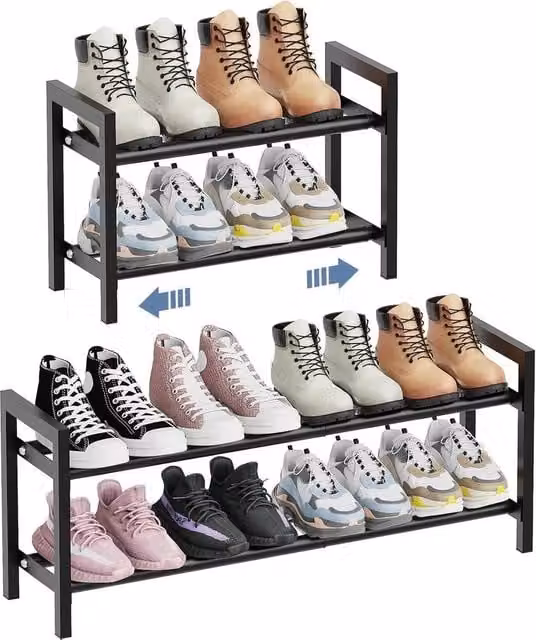 VOGREX 2-Tier Expandable Black Metal Shoe Rack