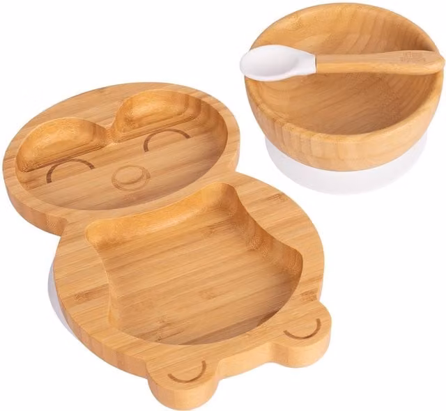 Tiny Dining 3pc Penguin Bamboo and Silicone Suction Feeding Set in White and Brown – 1