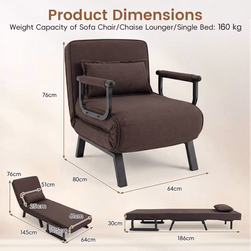 Costway Convertible Sleeper Chair and Folding Sofa Bed with Adjustable Backrest in Brown – 2