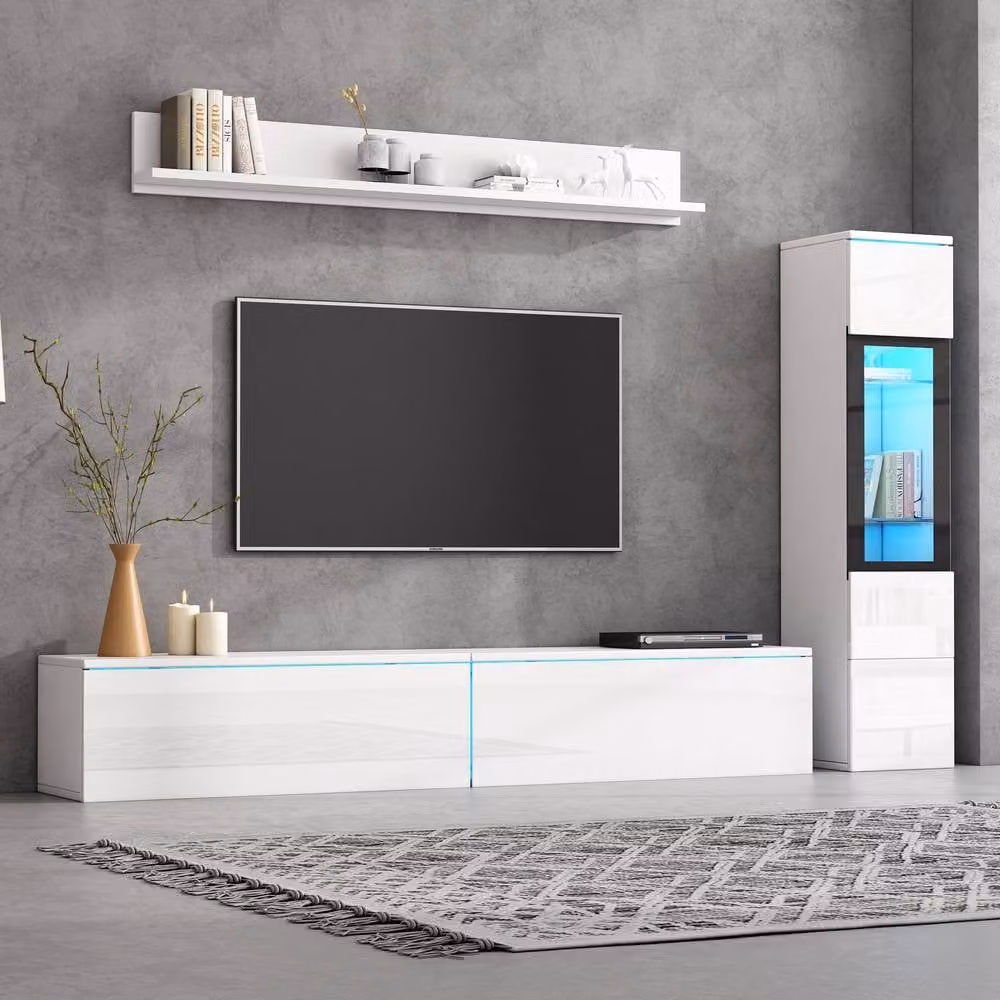 Tokpiedi Modern 3 Piece White Glossy LED Entertainment Centre Wall Unit Set with Wall Cabinet, Lowboard and Display Vitrine – 2