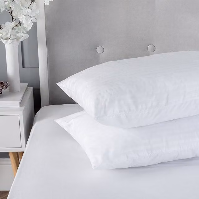 Snug City Pair of White Satin Stripe Microfibre Pillows with Firm Hollowfibre Filling
