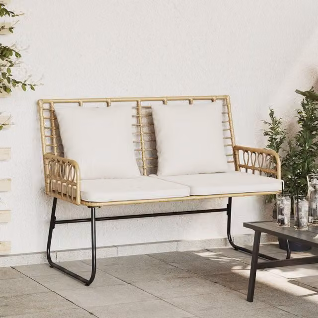 Berkfield Home Brown Poly Rattan Garden Bench with Upholstered Scatter Cushions and Metal Frame