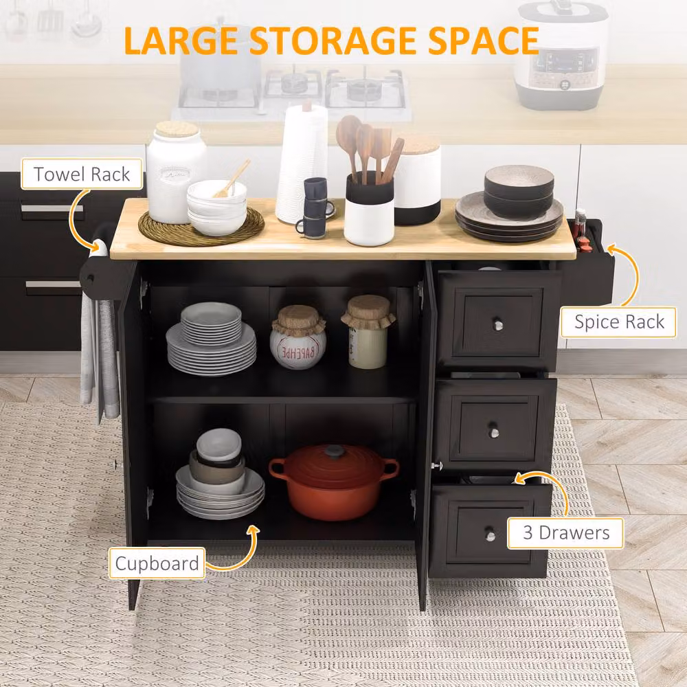 HOMCOM Black Kitchen Island with Drop Leaf and 3 Drawers, Rubberwood Top, W/D/H: 115 x 40 x 91.5 cm – 4
