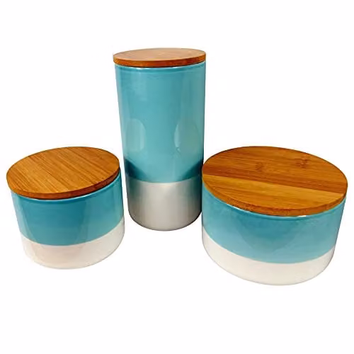 Leaf Set of Three Green and Turquoise Ceramic Kitchen Storage Jars with Bamboo Lids
