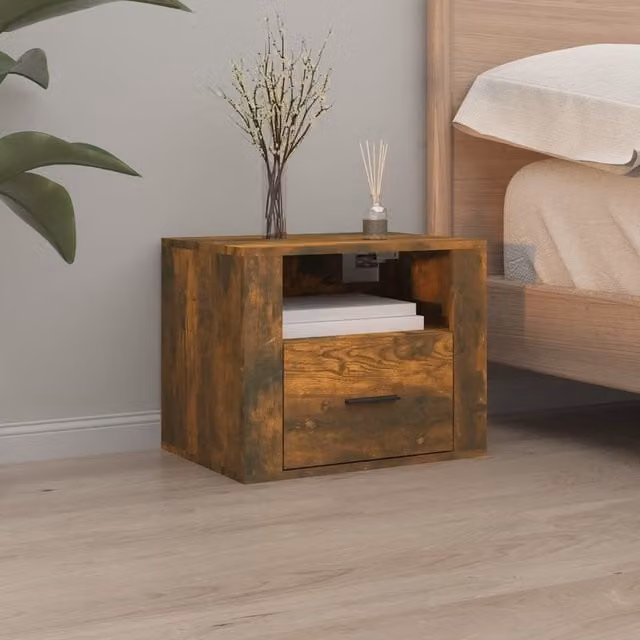 Berkfield Home Wall-mounted Bedside Cabinet in Smoked Oak Brown, W: 50 cm, D: 36 cm, H: 40 cm