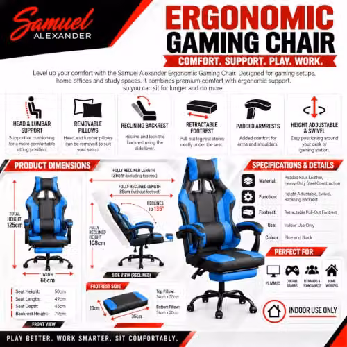 Samuel Alexander Blue Faux Leather Ergonomic Gaming Chair with Headrest and Foot Ring – 5