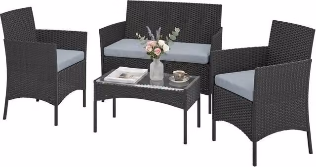 NESTLUNE 4 Piece Black Polyrattan Garden Furniture Set with Upholstered Cushions