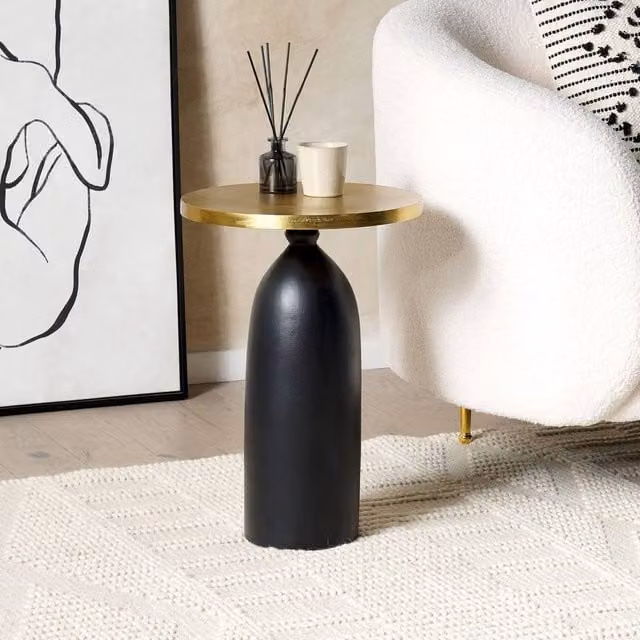 Wyld and Coco Round Metal Side Table with Gold Top and Black Base, Diameter: 36 cm, Height: 52 cm – 1
