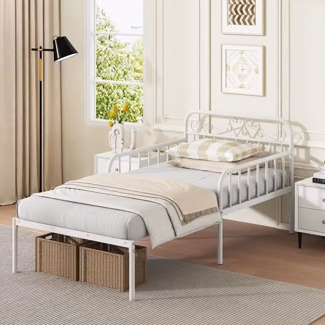 Gymax Extendable Single Metal Daybed Frame with Trundle and Slats Support in White, W: 90 cm, L: 200 cm