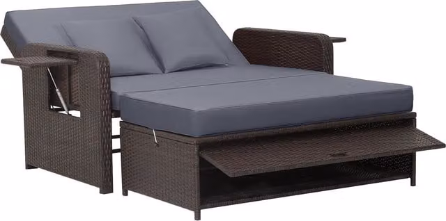 COSTWAY Grey Polyrattan Garden Daybed Set with Sun Canopy, Adjustable Headrest, Side Tray and Matching Ottoman