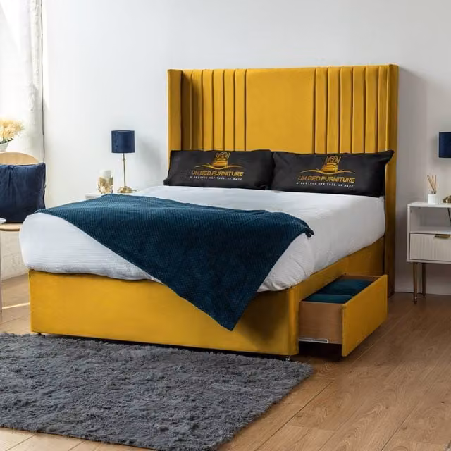 UK Bed Furniture Skyline Wingback Divan Bed with 2 Drawers and Headboard in Yellow Velvet, Size: 180 x 200 cm