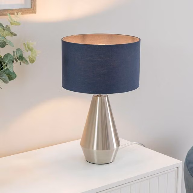 ValueLights Jax Dimmable Touch Table Lamp in Brushed Chrome with Silver Fabric Drum Shade and LED Bulb – 1