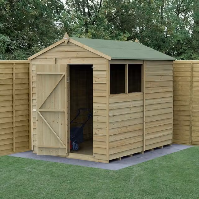 Forest Garden Apex Wooden Garden Shed with Double Doors and Base, Brown, W: 244 cm, D: 244 cm, H: 183 cm