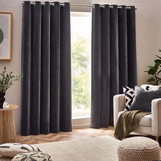 Make It A Home Charcoal Grey Chenille Velvet Opaque Eyelet Curtains, Height: 229 cm