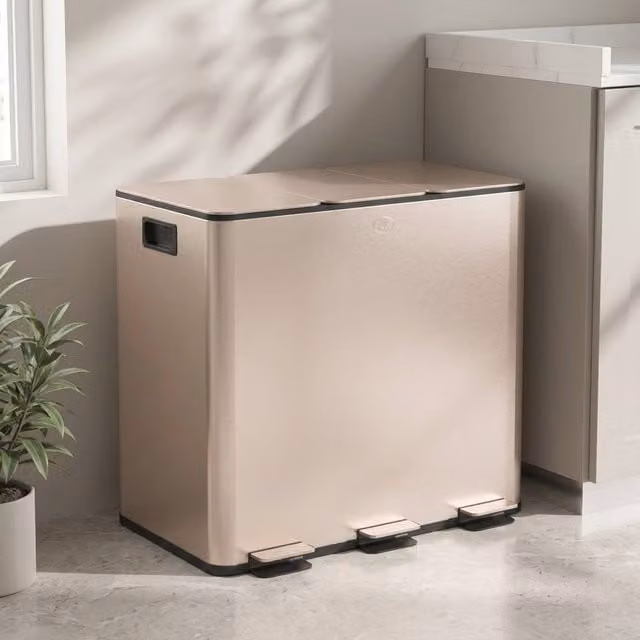 STILVORA Triple 45L Kitchen Pedal Bin with Soft-Close Lid and Odour Filter in Gold Stainless Steel – 1