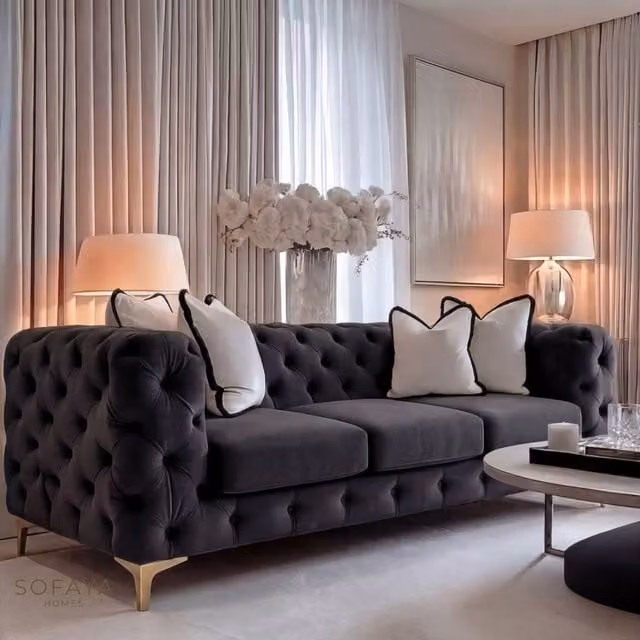 Sofaya Monaco 3 Seater Chesterfield Velvet Sofa in Black