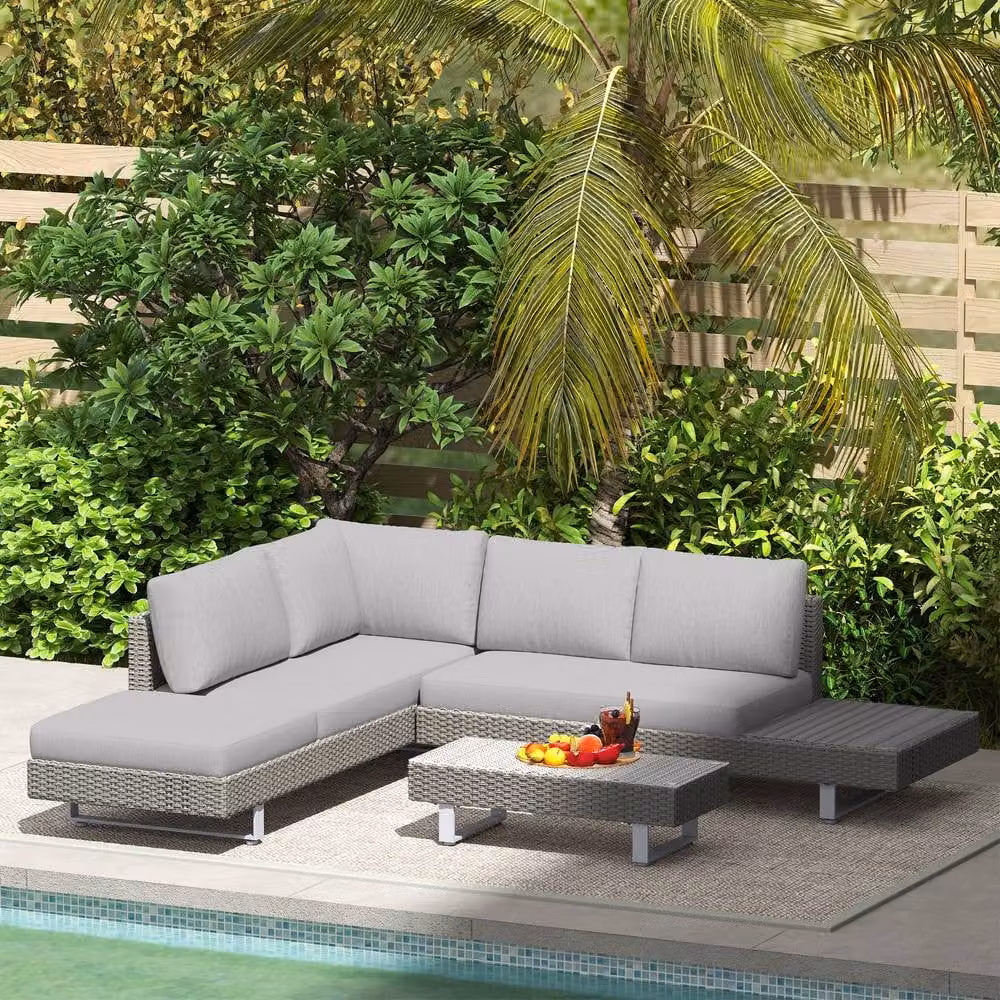 ERGOVEXA Three-Piece L-Shape Rattan Garden Sofa Set with Cushions in Grey – 5